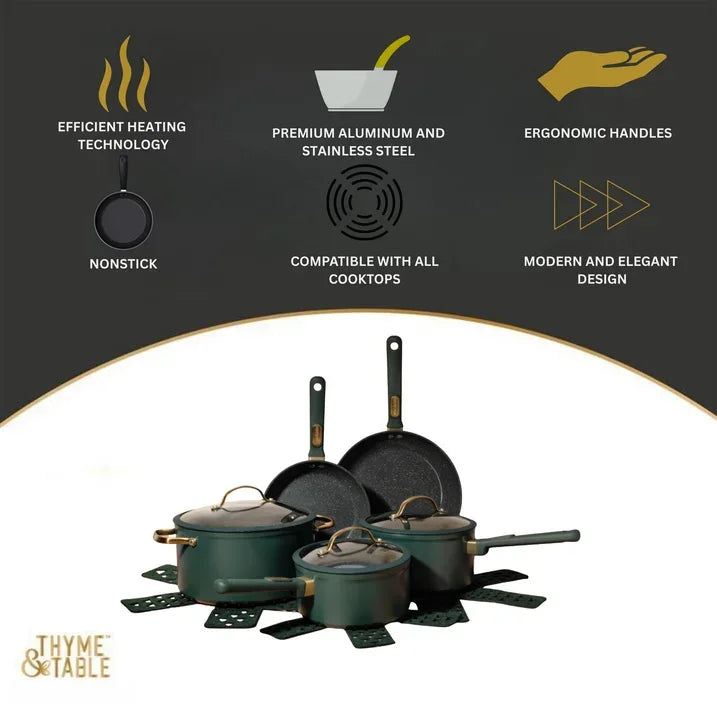 Wholesale Price with free shipping across the USA for Thyme & Table 12-Piece Non-Stick Granite Collection Cookware Set, Pots and Pans Set - Hunter Green - Manji Distributors