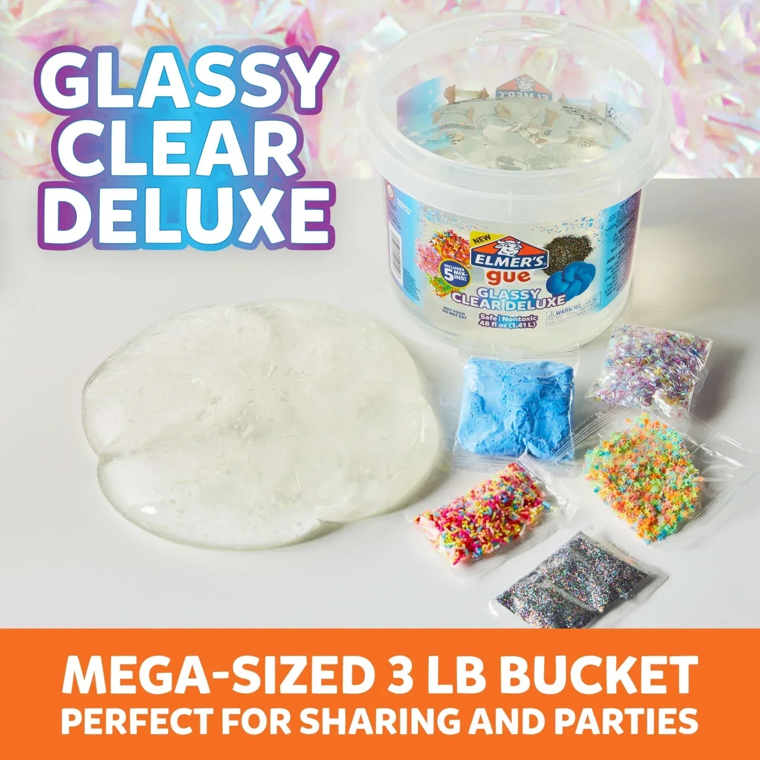 Wholesale Price with free shipping across the USA for Elmer's Glue Premade Slime, Glassy Clear Slime, Includes 5 Sets of Slime Add-Ins, 3 lb. Bucket - Manji Distributors