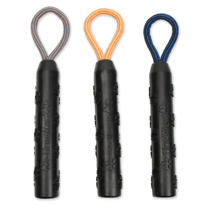 Wholesale Price with free shipping across the USA for Mammoth TireBiter Advanced Retriever Rubber Dog Toy w/Cottonblend Asst Color Loop Rope Handle, 11