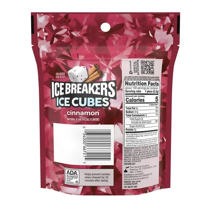 Wholesale Price with free shipping across the USA for Ice Breakers Ice Cubes Cinnamon Sugar Free Chewing Gum, Pouch 8.11 oz, 100 Pieces - Manji Distributors