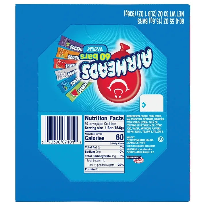 Wholesale Price with free shipping across the USA for Airheads Chewy Candy Bars, Assorted Flavors, Nut Free, Regular Size, 33 oz, 60 Count Box - Manji Distributors