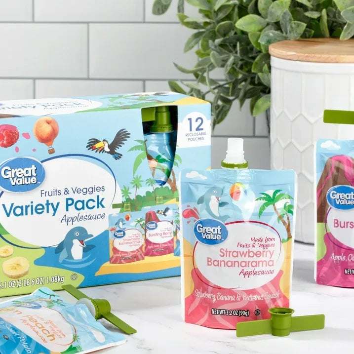 Wholesale Price with free shipping across the USA for Great Value Fruits and Veggies Variety Pack Applesauce, 3.2 oz, 12 Pouches - Manji Distributors