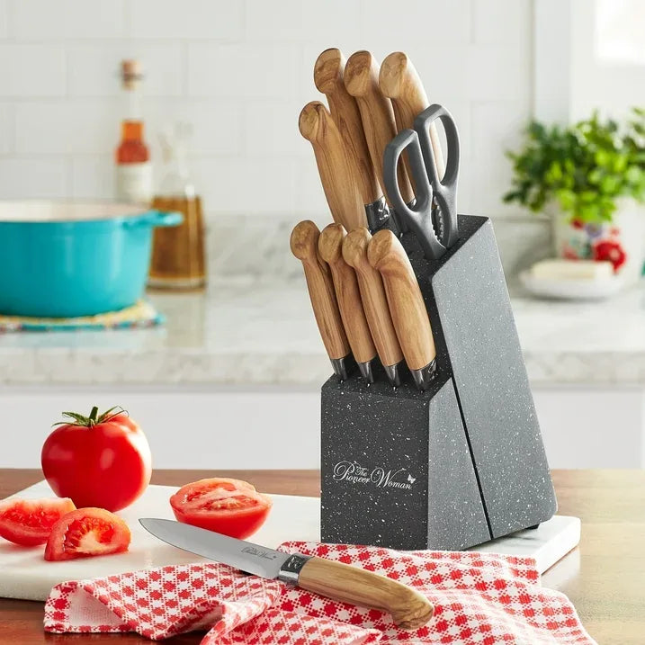 Wholesale Price with free shipping across the USA for The Pioneer Woman 11-Piece Stainless Steel Knife Block Set, Charcoal Speckle - Manji Distributors