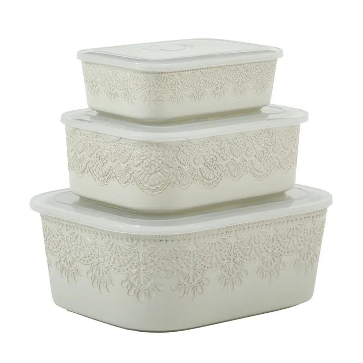 Wholesale Price with free shipping across the USA for The Pioneer Woman Vintage Lace 6-Piece Nesting Casserole Baking Dish Bakeware Set with Lids, Linen - Manji Distributors