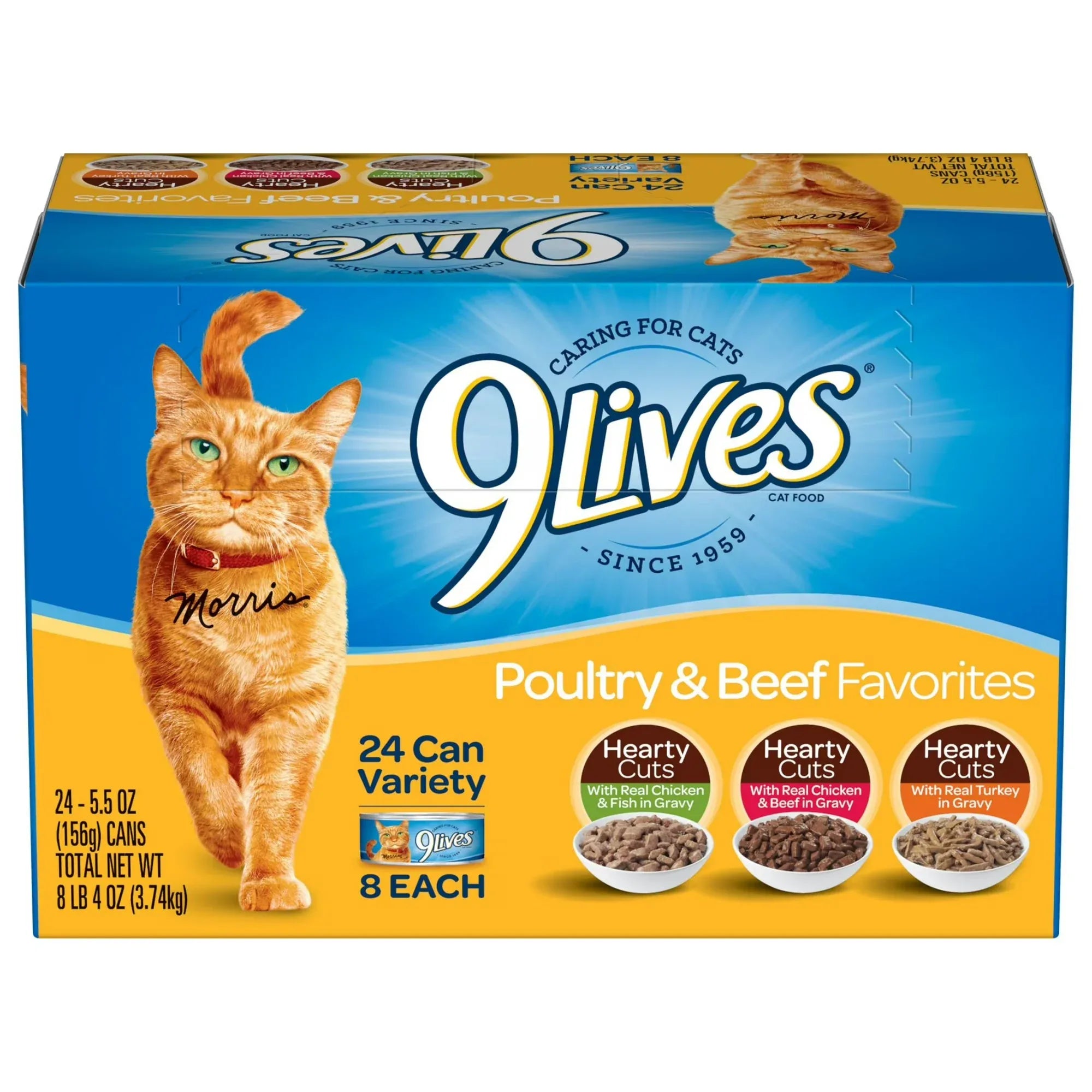 Wholesale Price with free shipping across the USA for 9Lives Poultry and Beef Favorites Variety Pack Wet Cat Food, 5.5-Ounce Can, 24 Count - Manji Distributors