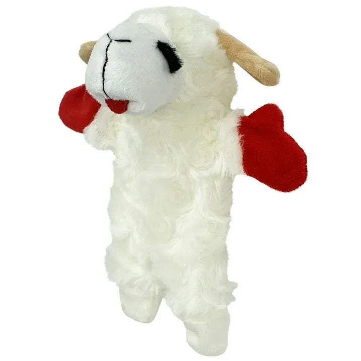 Wholesale Price with free shipping across the USA for (3 pack) Multipet Lamb Chop Plush Crinkle Flop Dog Toy, White with Red Paws - Manji Distributors