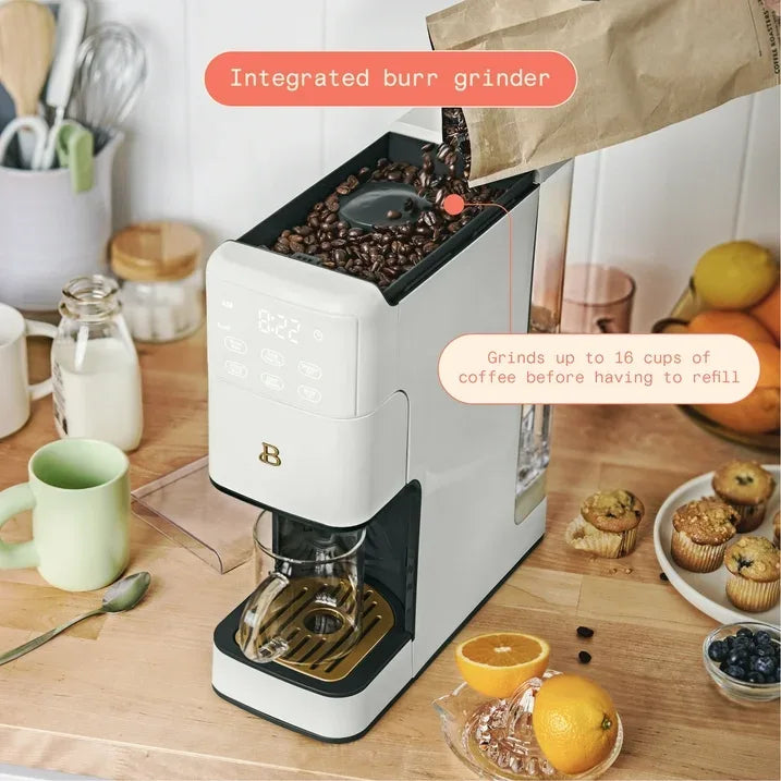 Wholesale Price with free shipping across the USA for Beautiful Perfect Grind™ Programmable Single Serve Coffee Maker, White Icing by Drew Barrymore - Manji Distributors