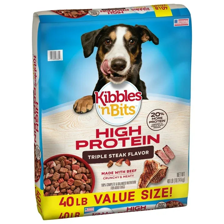 Wholesale Price with free shipping across the USA for Kibbles 'n Bits Triple Steak Flavor Dry High Protein Dog Food 40 lb Bag - Manji Distributors