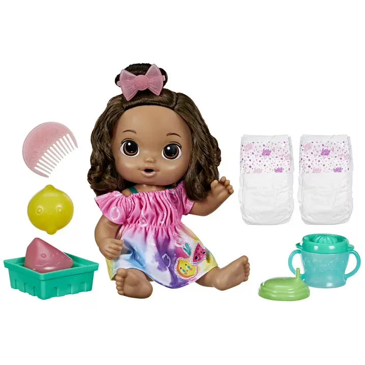 Wholesale Price with free shipping across the USA for Baby Alive Fruity Sips Doll, Lemon, Pretend Juicer Baby Doll Set, Kids 3 and Up, Brown Hair - Manji Distributors