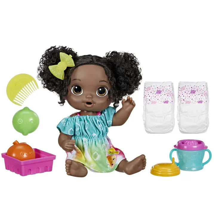 Wholesale Price with free shipping across the USA for Baby Alive Fruity Sips Doll, Lime, Pretend Juicer Baby Doll Set, Kids 3 and Up, Black Hair - Manji Distributors