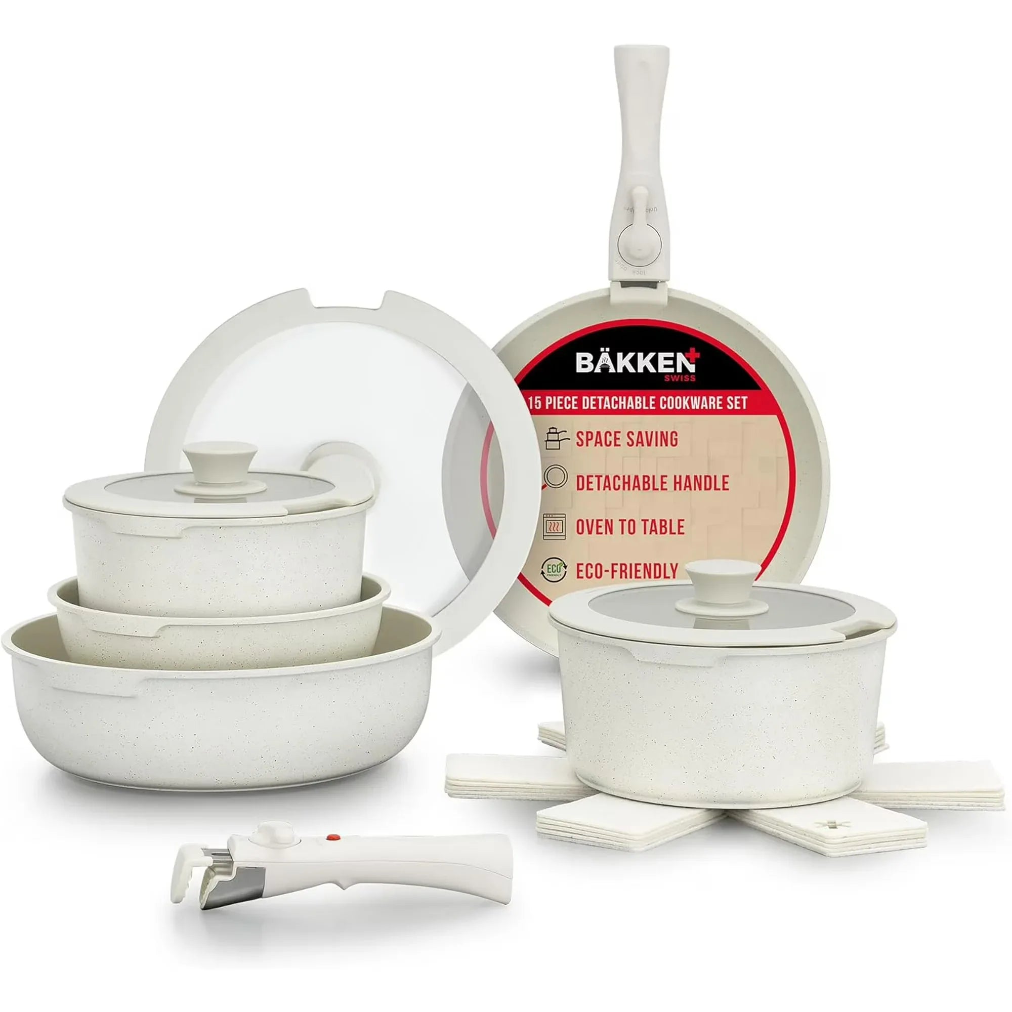 Wholesale Price with free shipping across the USA for Bakken 15-Piece Non-Stick Cookware Set with Detachable Handles – Granite Stackable Pots and Pans Set, Dishwasher Safe, Oven-Safe, and Compatible Kitchen Essential for All Stoves – Cream - Manji Distributors