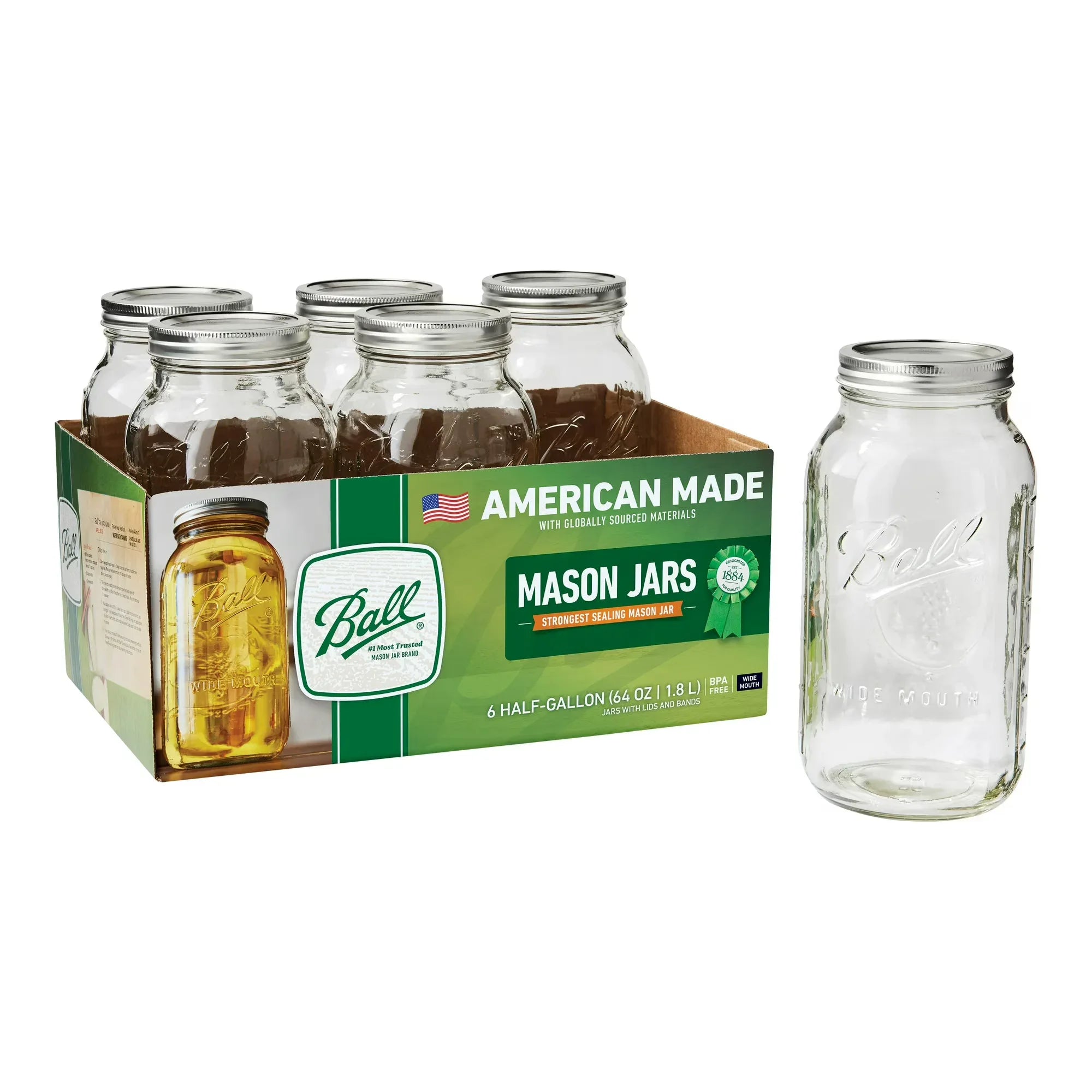Wholesale Price with free shipping across the USA for Ball Half Gallon Mason Jars Wide Mouth 6pk, 64 oz Canning Jars with Lids and Rings, Extra Large Ball Jars for Sun Tea, Kombucha, Pickles, and Bulk Food Storage - Manji Distributors
