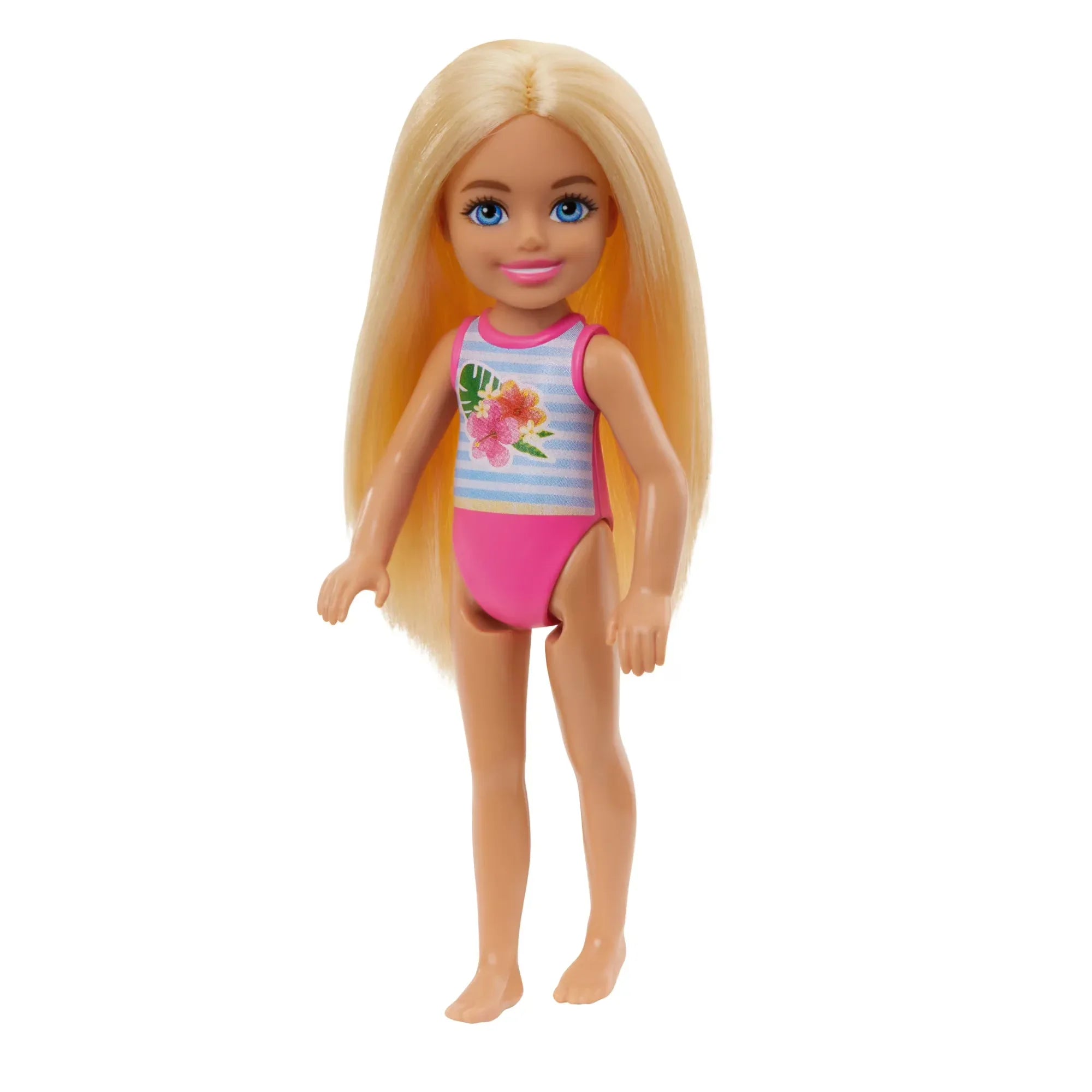 Wholesale Price with free shipping across the USA for Barbie Chelsea Small Doll with Beach Swimsuit, Stripes & Floral Print, Blonde Hair & Blue Eyes - Manji Distributors