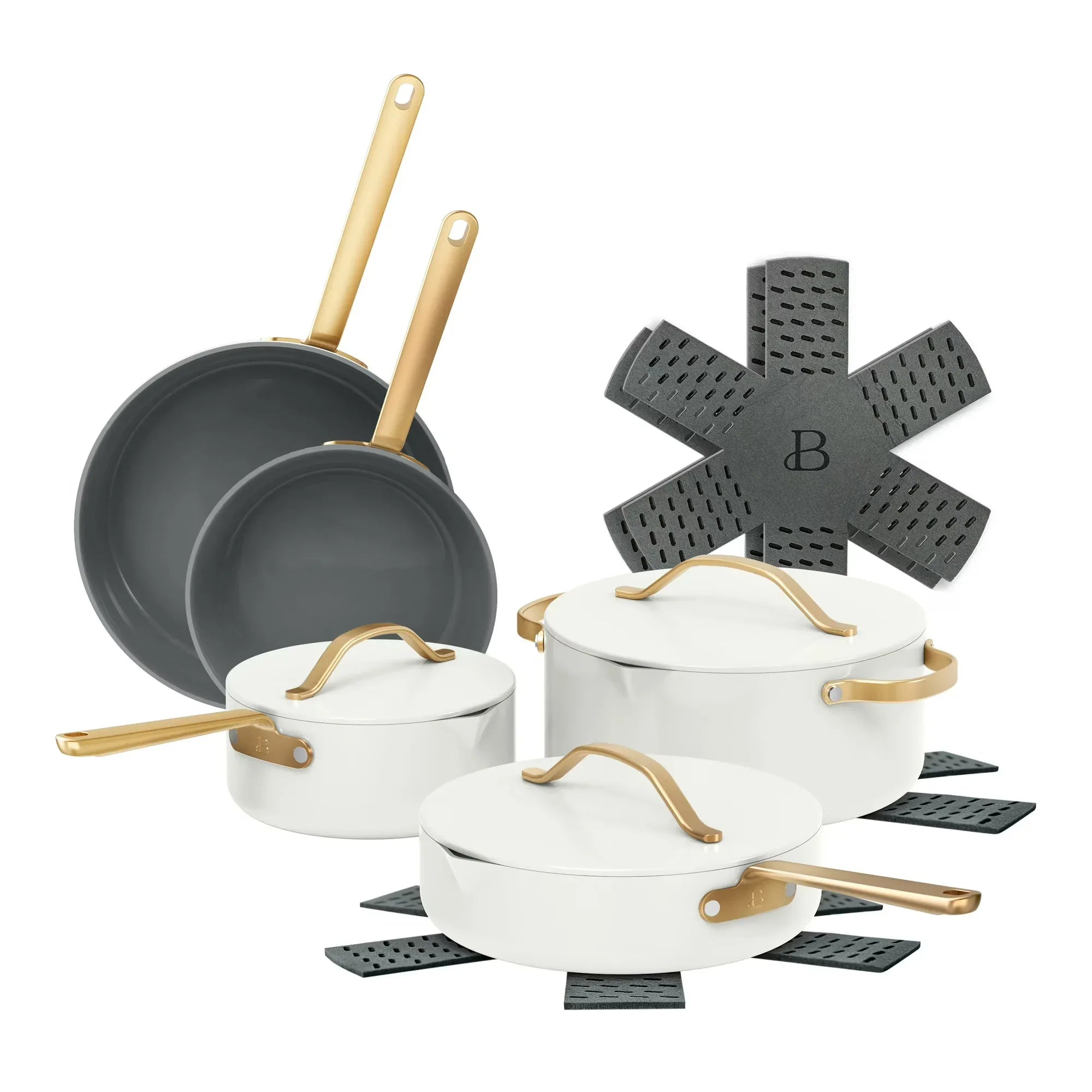 Wholesale Price with free shipping across the USA for Beautiful 12pc Ceramic Non-Stick Cookware Set with Strainer Lids, White Icing by Drew Barrymore - Manji Distributors