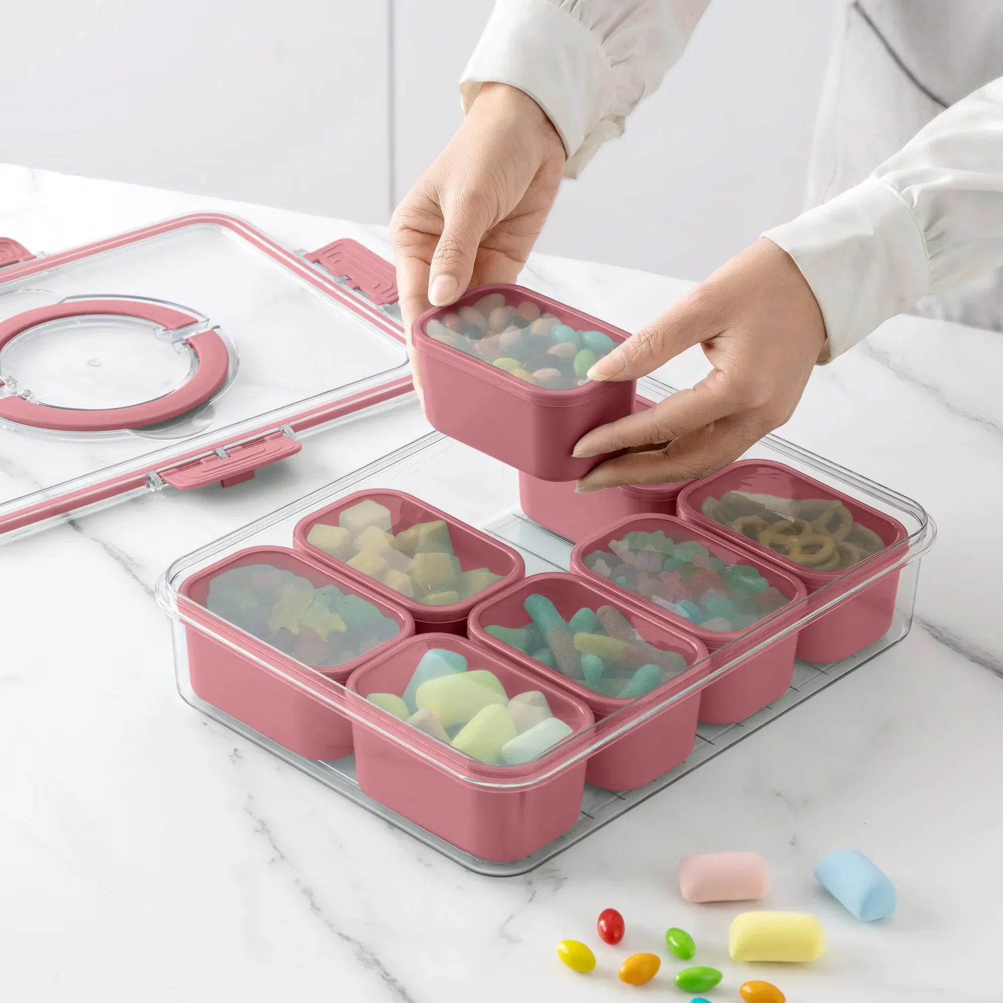 Wholesale Price with free shipping across the USA for Cook With Color 8-Compartment Snackle Box, Charcuterie Container, Divided Serving Tray with Lid and Handle, Mauve - Manji Distributors