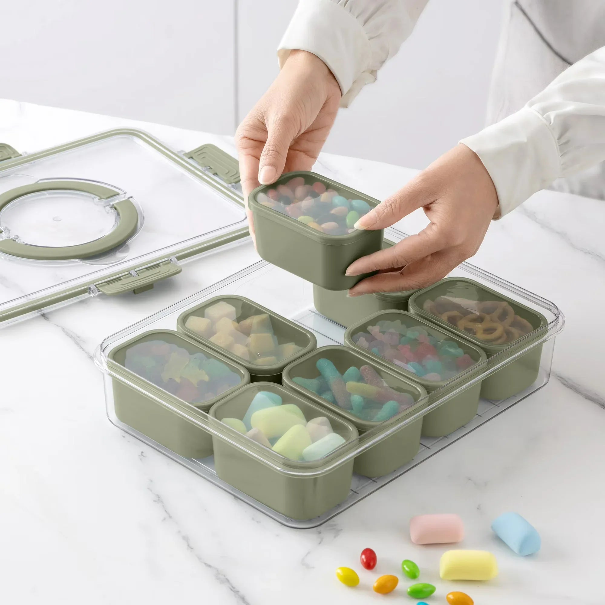 Wholesale Price with free shipping across the USA for Cook With Color 8-Compartment Snackle Box, Charcuterie Container, Divided Serving Tray with Lid and Handle, Olive - Manji Distributors
