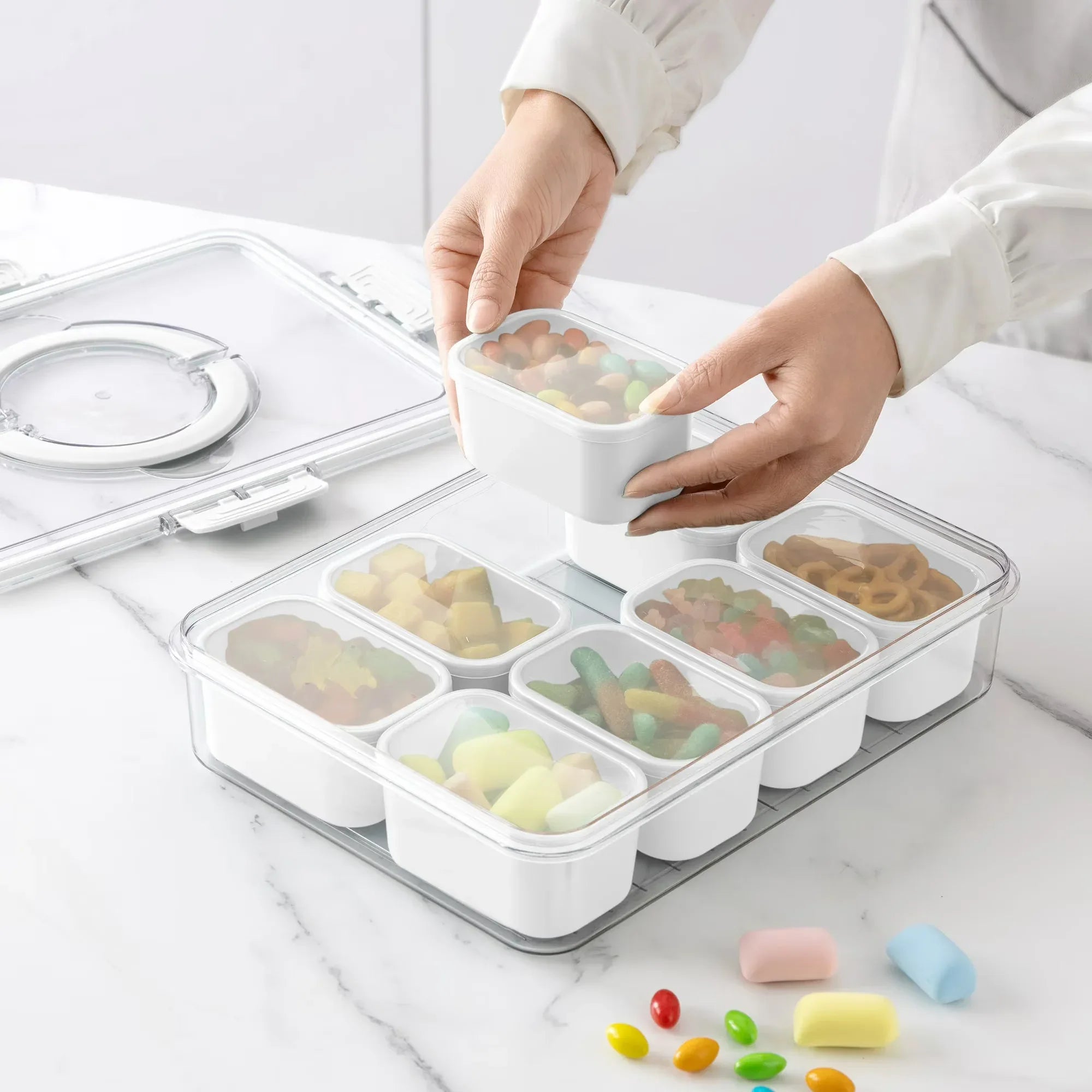 Wholesale Price with free shipping across the USA for Cook With Color 8-Compartment Snackle Box, Charcuterie Container, Divided Serving Tray with Lid and Handle, White - Manji Distributors