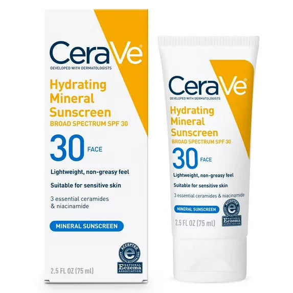 Wholesale Price with free shipping across the USA for CeraVe Hydrating Mineral Sunscreen SPF 30 Face Lotion for Sensitive Skin, Kids & Adults 2.5 oz - Manji Distributors