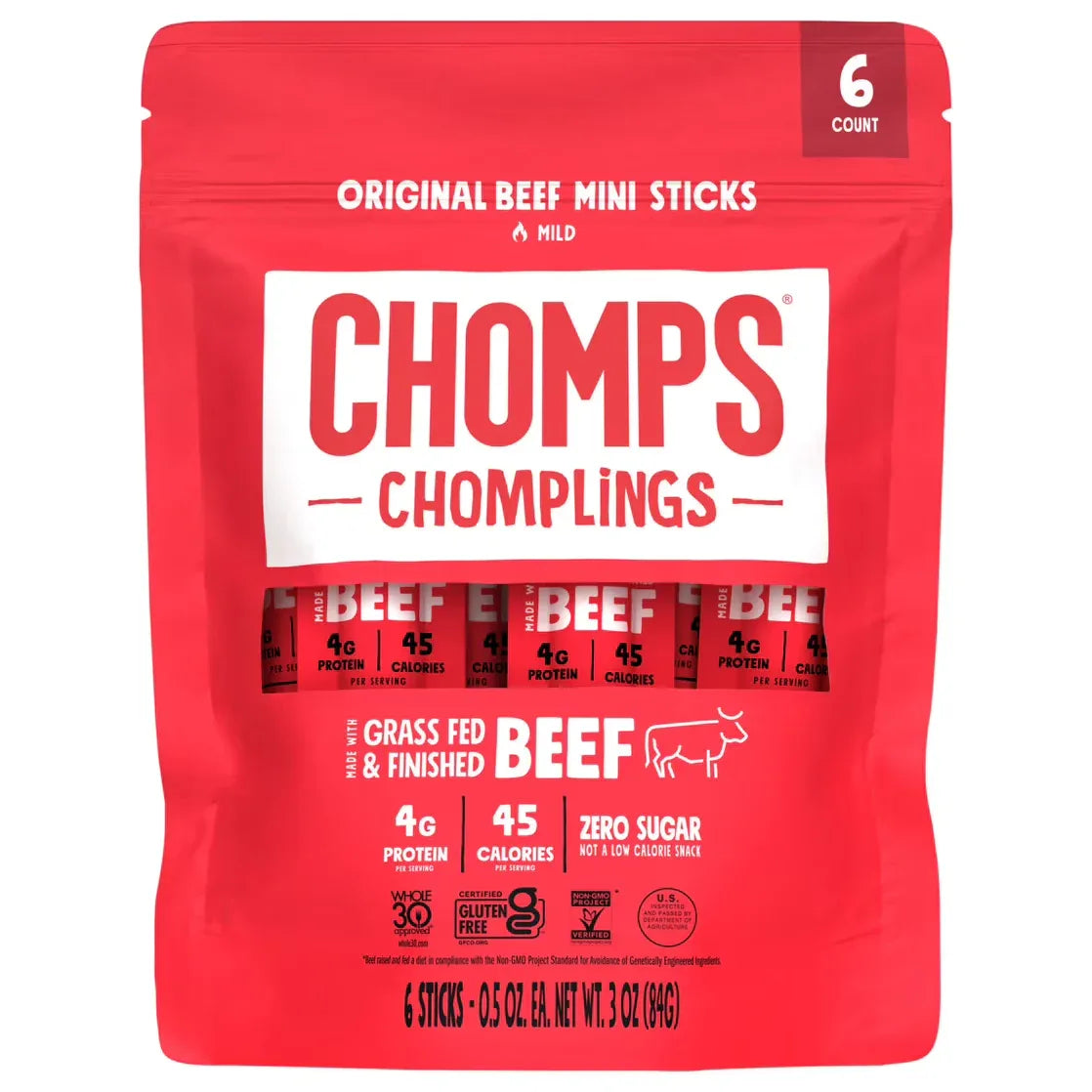 Wholesale Price with free shipping across the USA for Chomplings Original Beef Mini Jerky Meat Sticks, 4g of Protein (6 Count) - Manji Distributors