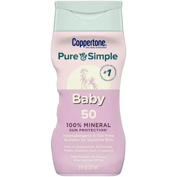 Wholesale Price with free shipping across the USA for Coppertone Pure and Simple Baby Sunscreen Lotion SPF 50, 6 fl oz Bottle - Manji Distributors