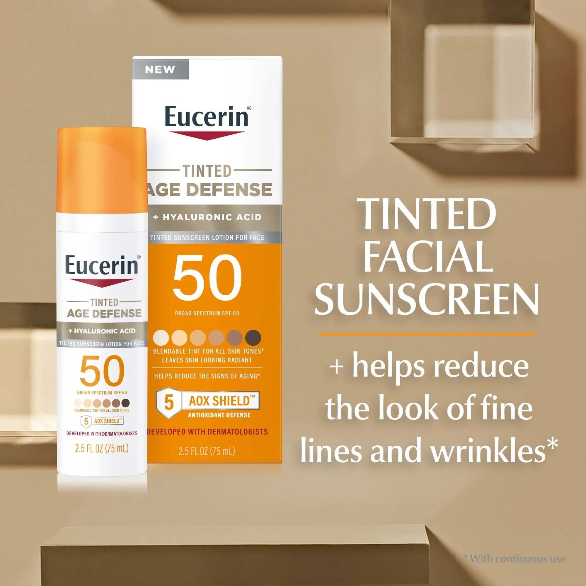 Wholesale Price with free shipping across the USA for Eucerin Sun Age Defense Tinted Face Sunscreen Lotion, Hyaluronic Acid, Blendable, SPF 50, 2.5 fl oz - Manji Distributors