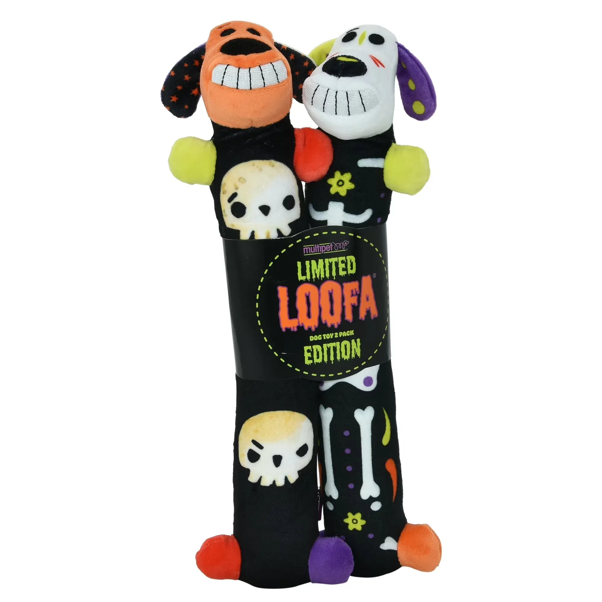 Wholesale Price with free shipping across the USA for Multipet Smiling Loofa Halloween Plush Dog Toy with Squeaker, 2 Piece Multipack, Day of the Dead, 12