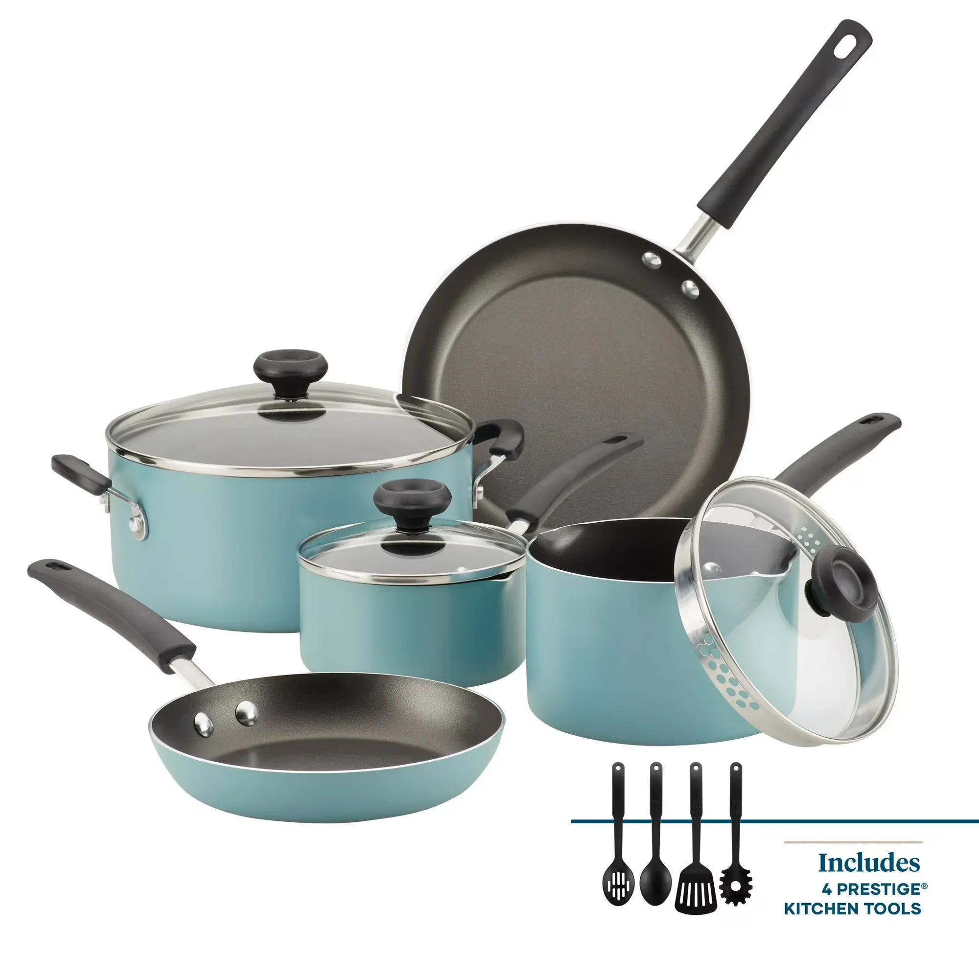 Wholesale Price with free shipping across the USA for Farberware Easy Clean 12 Pcs Nonstick Cookware Set with Cooking Tools, Dishwasher Safe, Aqua - Manji Distributors
