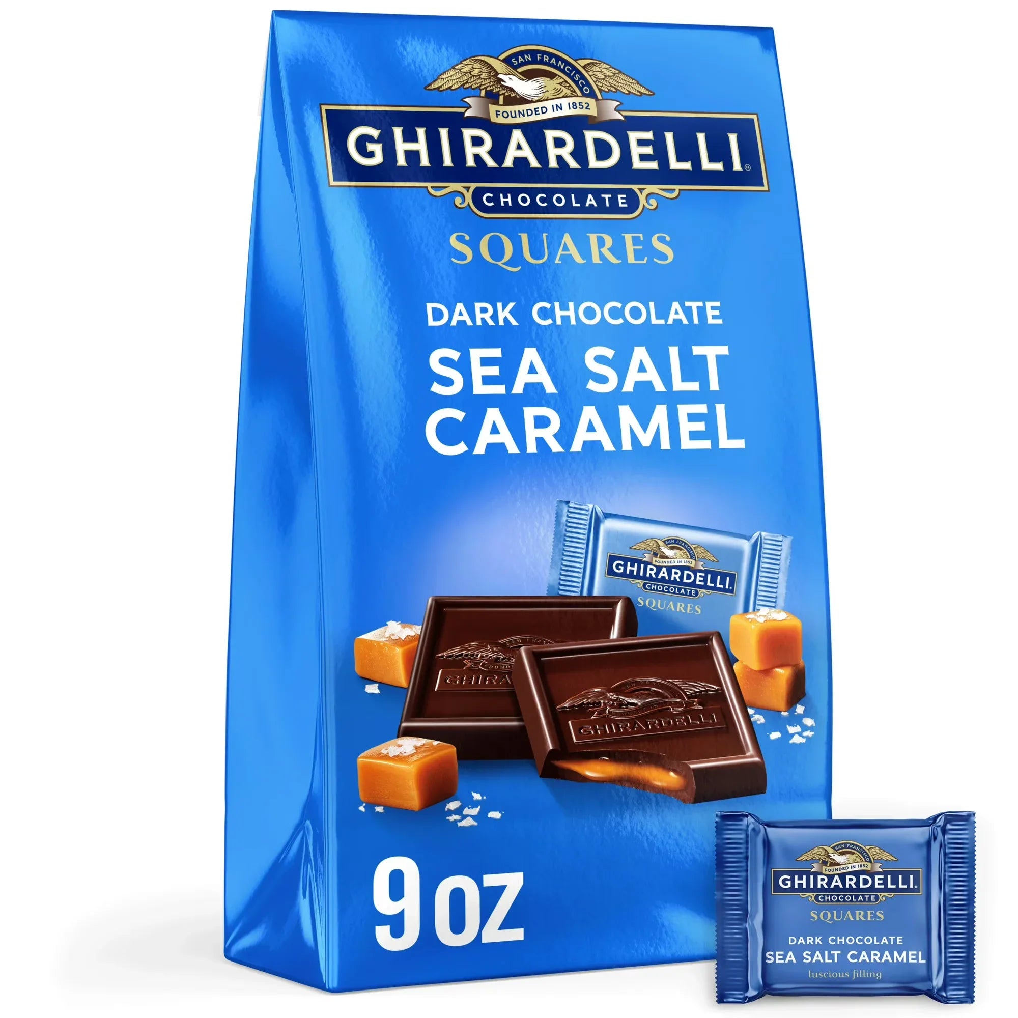 Wholesale Price with free shipping across the USA for GHIRARDELLI Dark Chocolate Candy SQUARES with Sea Salt Caramel Filling, 9 oz Bag - Manji Distributors