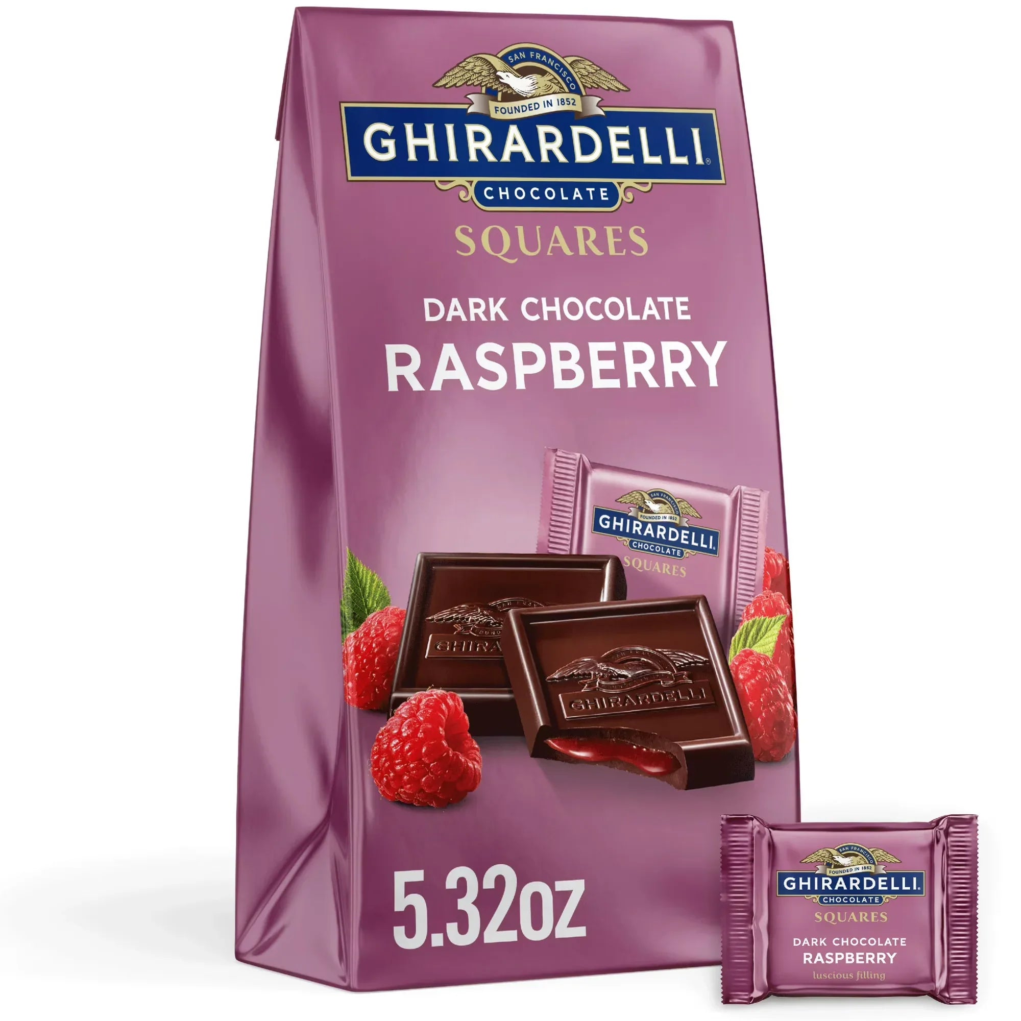 Wholesale Price with free shipping across the USA for GHIRARDELLI Dark Chocolate Candy SQUARES with Raspberry Filling, 5.32 oz Bag - Manji Distributors