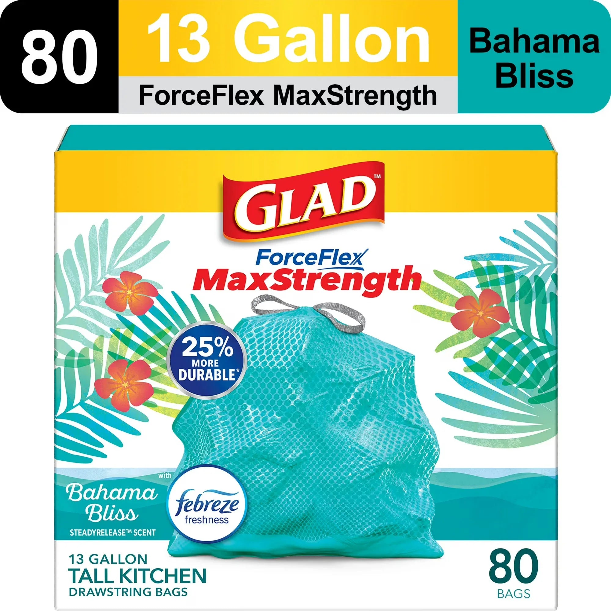Wholesale Price with free shipping across the USA for Glad ForceFlex MaxStrength Tall Kitchen Drawstring Trash Bags, 13 Gallon, Bahama Bliss, 80 Count - Manji Distributors