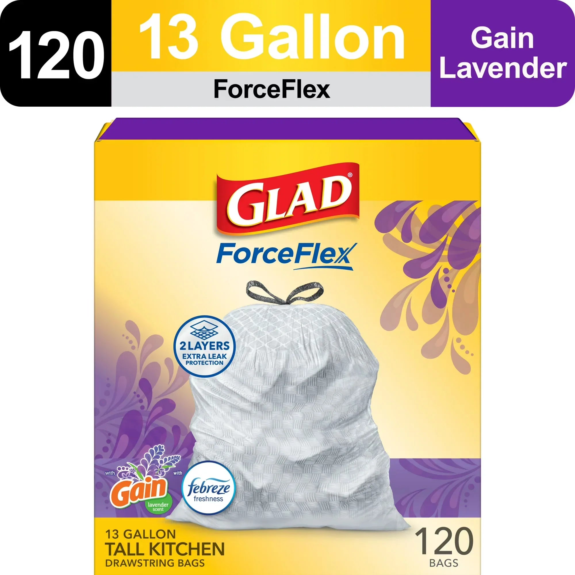 Wholesale Price with free shipping across the USA for Glad ForceFlex Tall Kitchen Drawstring Trash Bags, 13 Gallon, Gain Lavender with Febreze Freshness, 120 Count - Manji Distributors