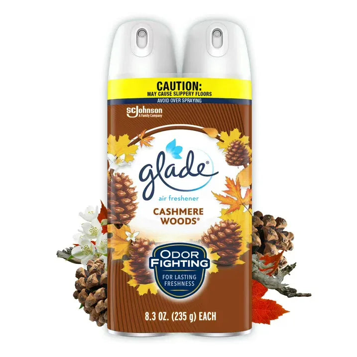 Wholesale Price with free shipping across the USA for Glade Air Freshener Spray, Stocking Stuffers, Cashmere Woods Scent, Fragrance Infused with Essential Oils, 8.3 oz, 2 Count - Manji Distributors