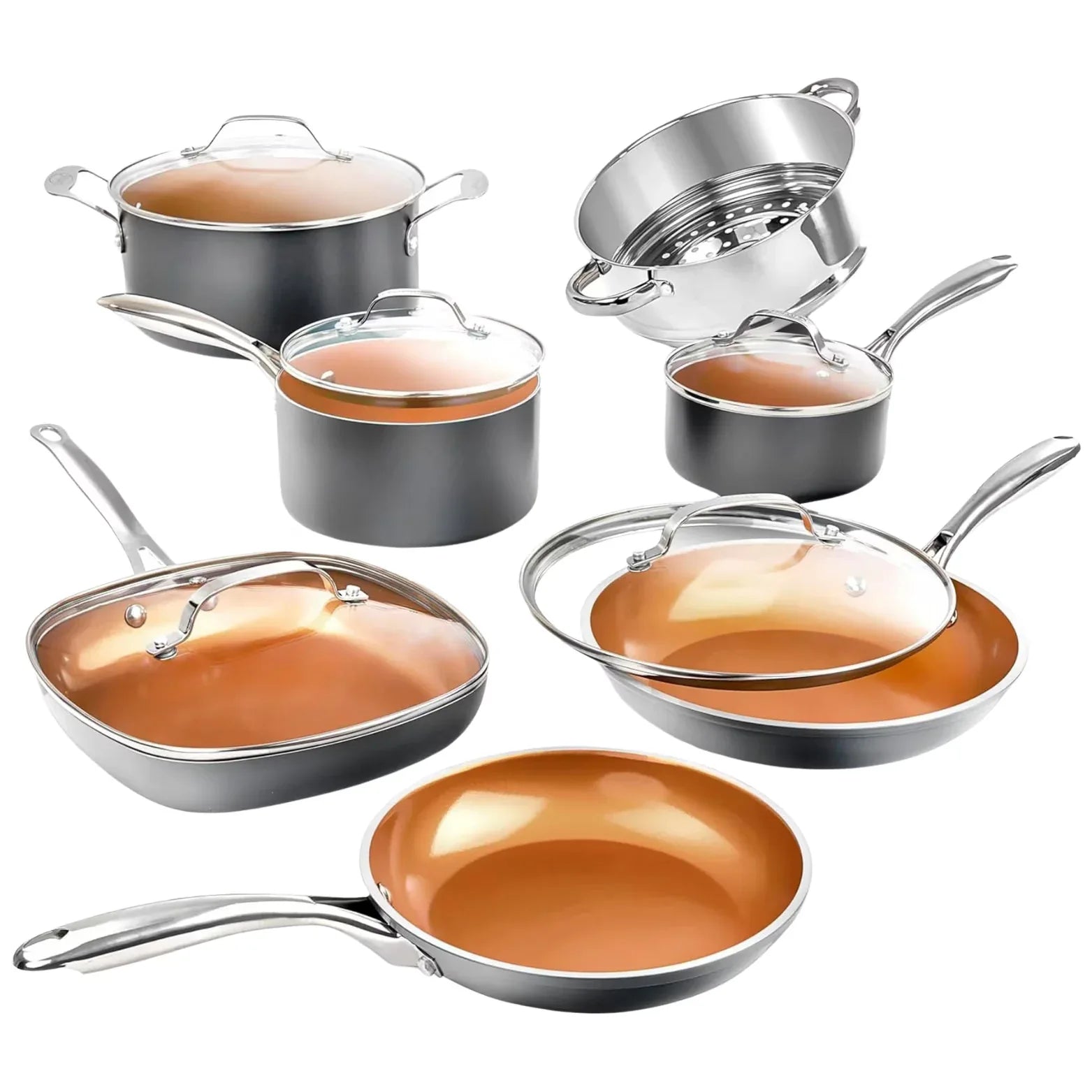 Wholesale Price with free shipping across the USA for Gotham Steel 12-Piece Ceramic Cookware Set, Nonstick, Nontoxic, Oven & Dishwasher Safe, Stay Cool Handles Ceramic Cookware Set, Copper - Manji Distributors