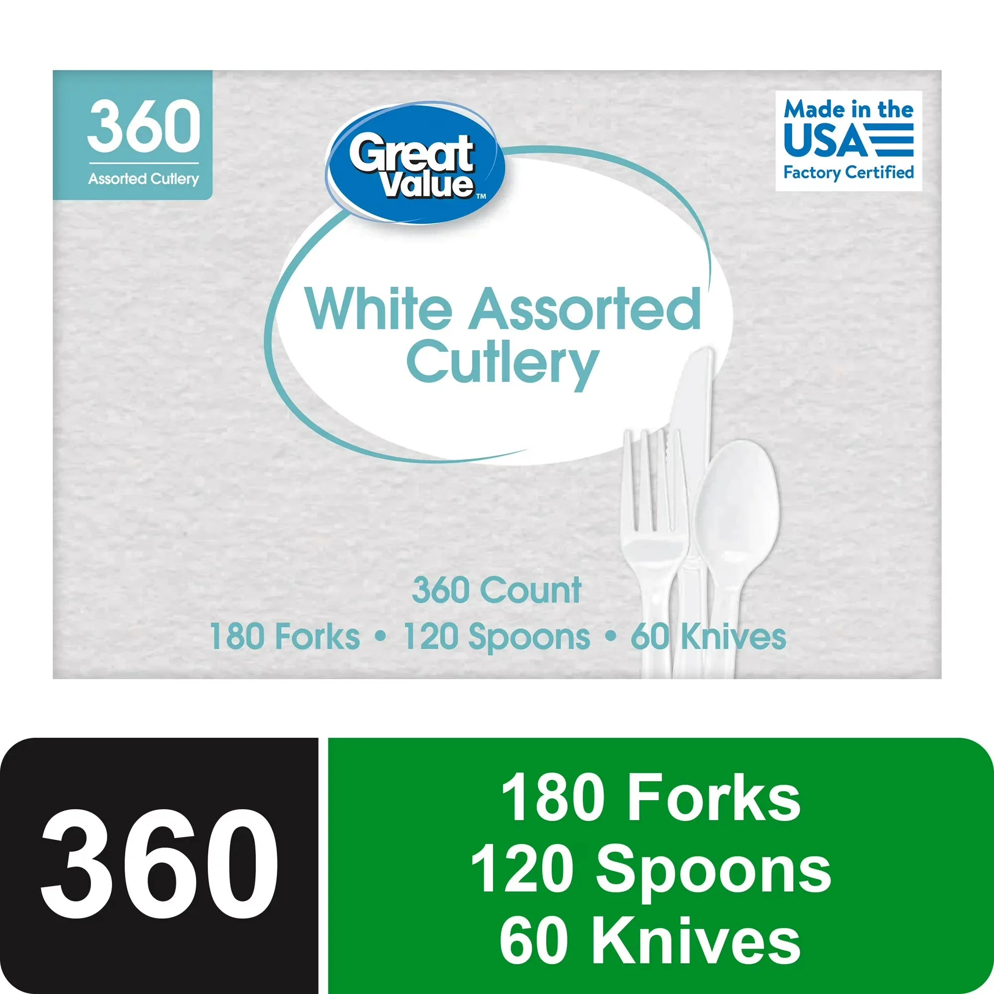 Wholesale Price with free shipping across the USA for Great Value Disposable Plastic Cutlery Set, White, 360 Count includes 180F/120S/60K - Manji Distributors