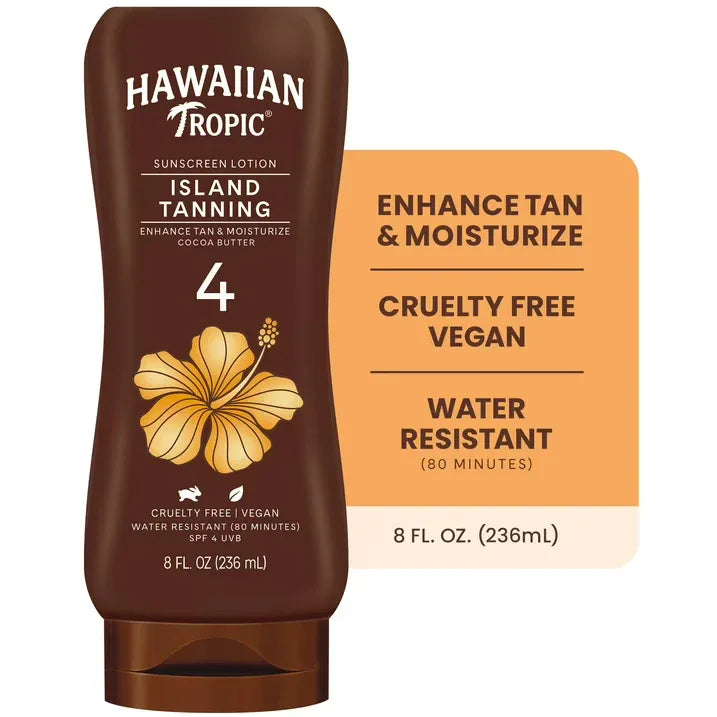 Wholesale Price with free shipping across the USA for Hawaiian Tropic Island Tanning Lotion Sunscreen, 4 SPF, 8 fl oz, Adult & Teen Tanning Lotion - Manji Distributors