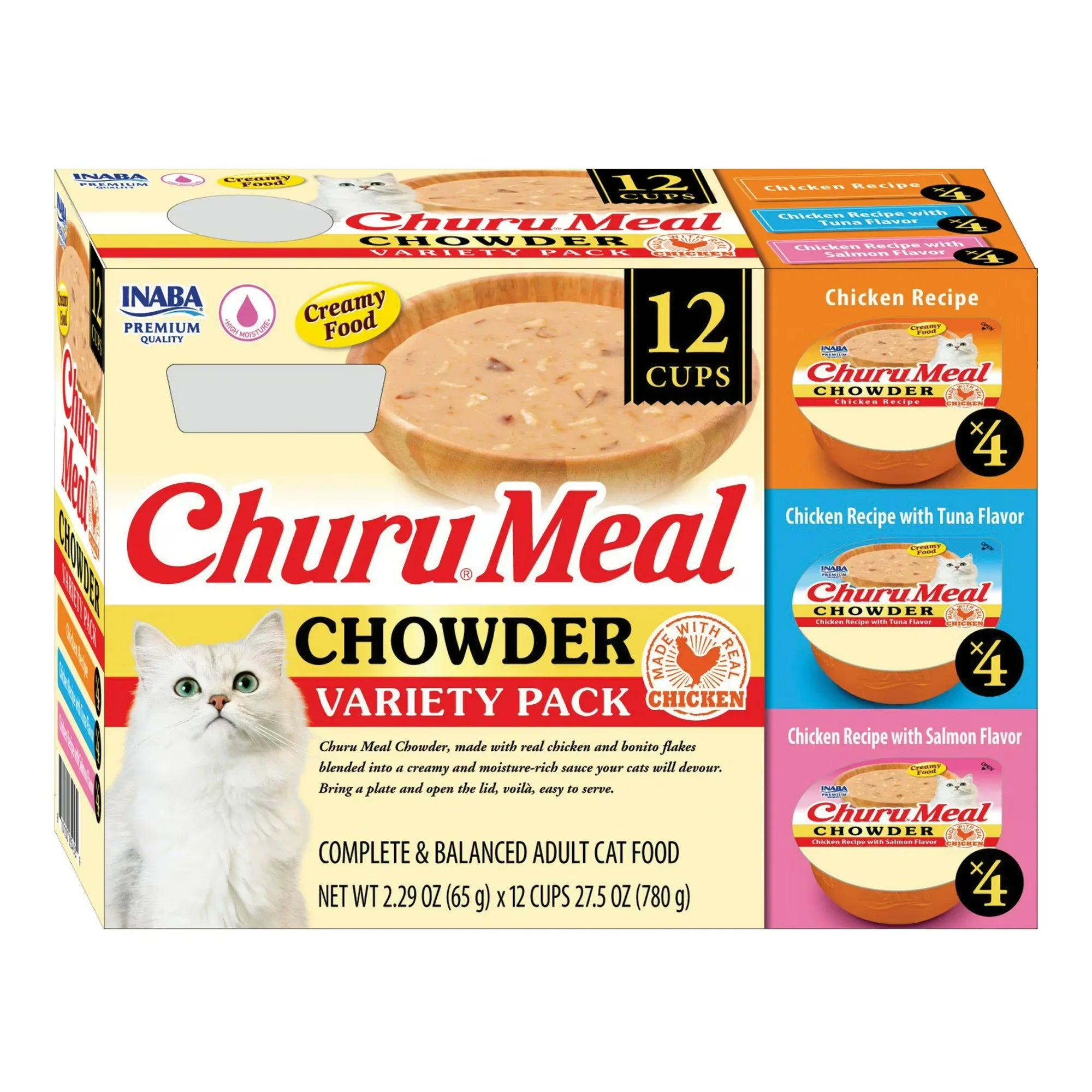 Wholesale Price with free shipping across the USA for INABA Churu Meal Chowder Adult Wet Cat Food, 2.29 oz cup, 12-count, Chicken Variety Pack - Manji Distributors