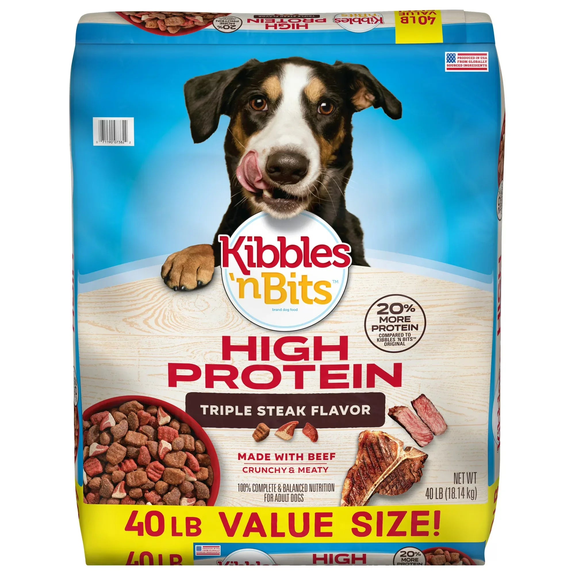 Wholesale Price with free shipping across the USA for Kibbles 'n Bits Triple Steak Flavor Dry High Protein Dog Food 40 lb Bag - Manji Distributors
