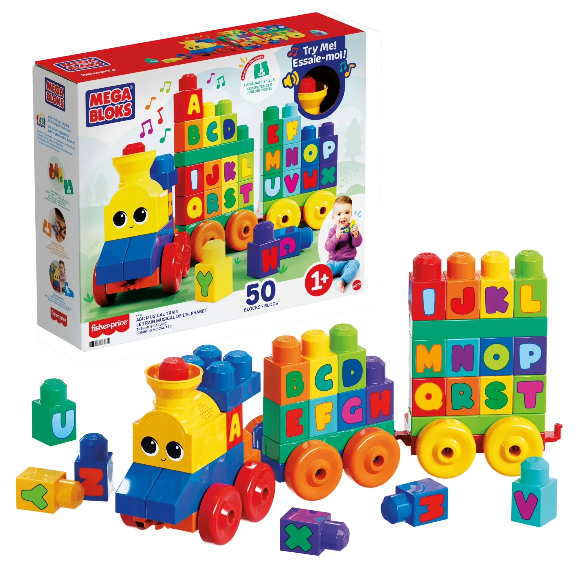 Wholesale Price with free shipping across the USA for MEGA BLOKS Toy Blocks ABC Musical Train with Sounds and Music (50 Pieces) for Toddler - Manji Distributors