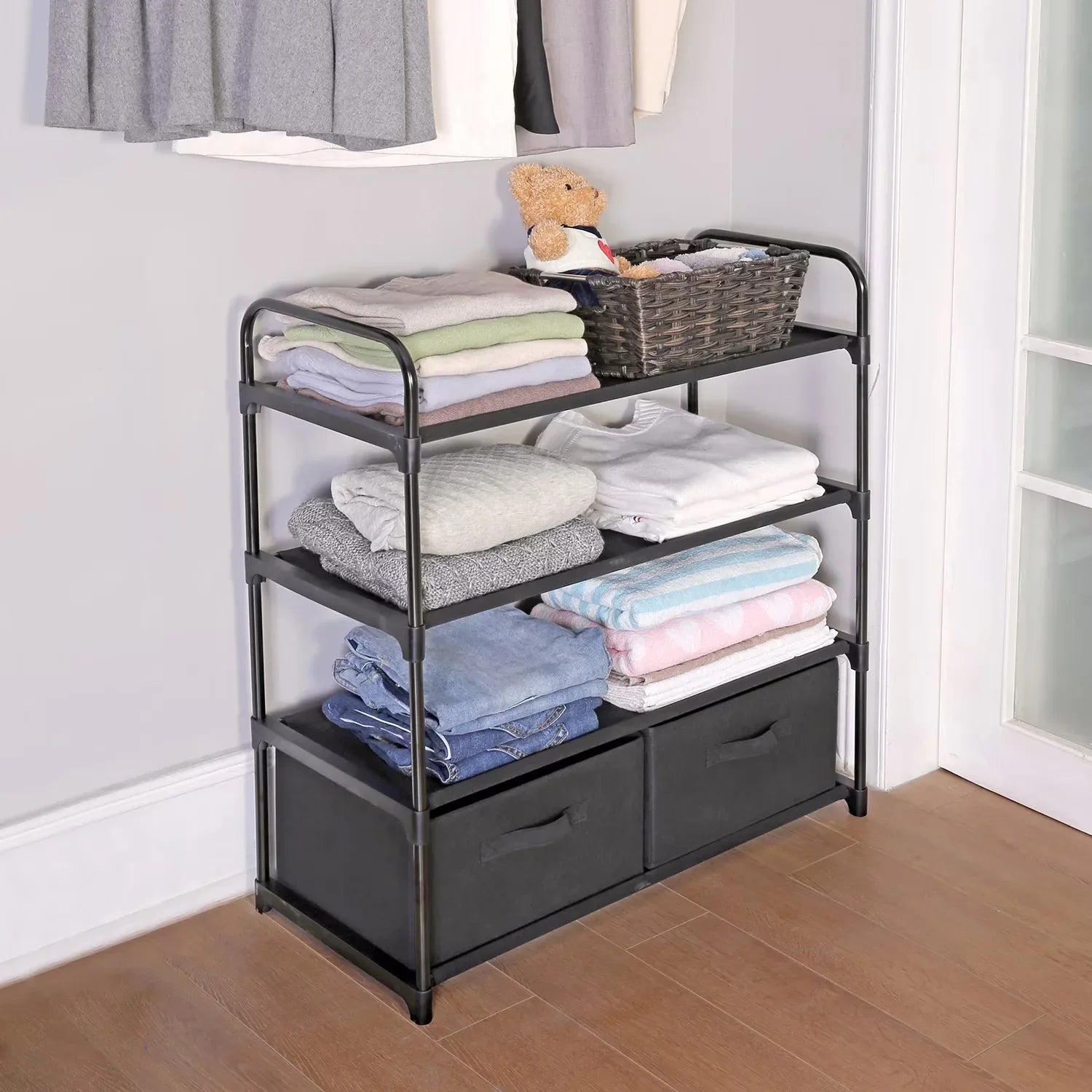 Wholesale Price with free shipping across the USA for Mainstays 4 Shelf Closet Organizer with 2 Bins, Black, Metal Frame, Adult and Child - Manji Distributors