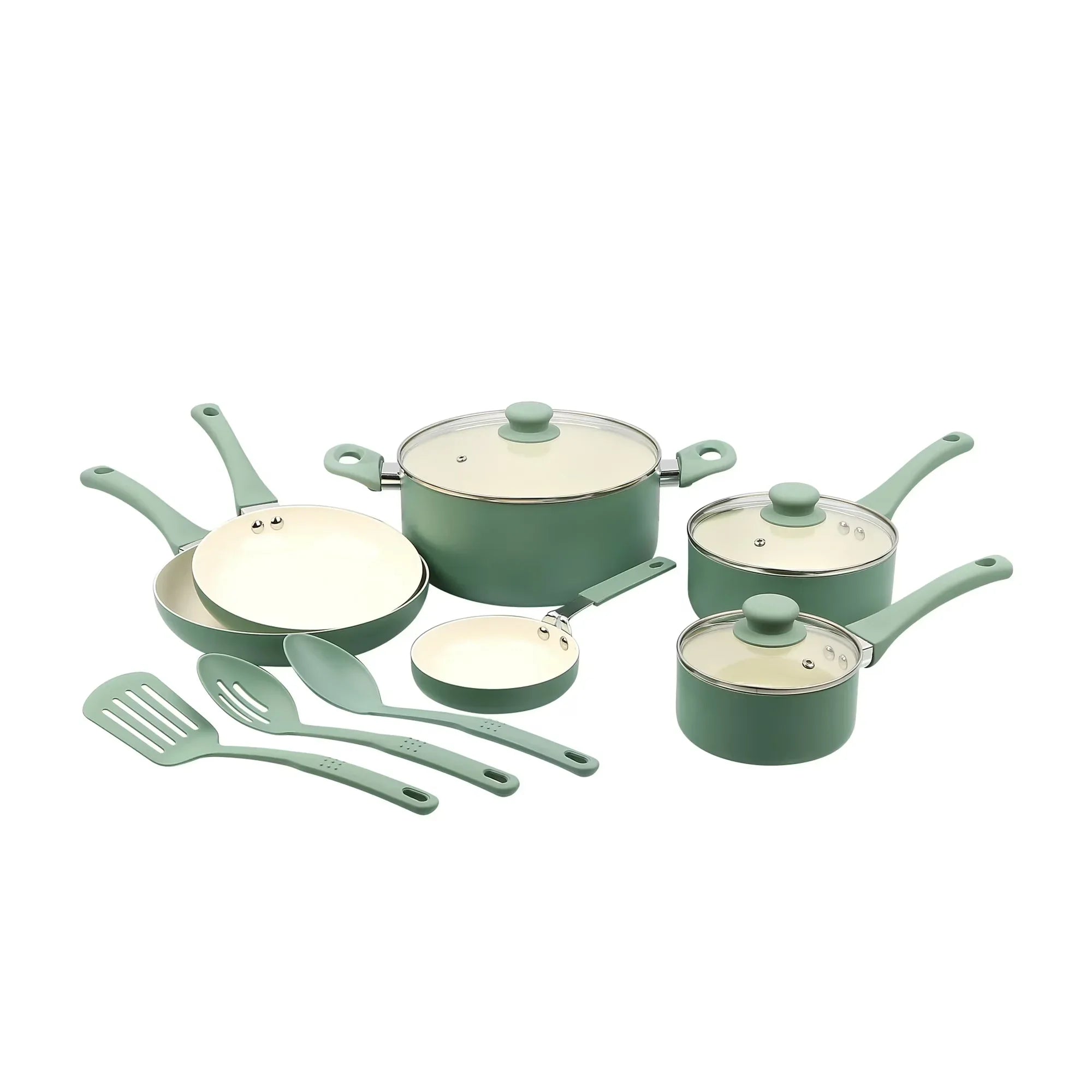 Wholesale Price with free shipping across the USA for Mainstays Ceramic Aluminum, 12 Piece, Pots and Pans Cookware Set Green Nonstick - Manji Distributors