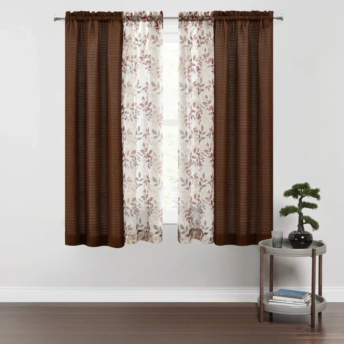 Wholesale Price with free shipping across the USA for Mainstays Curtain and Sheers Set, 4 Panels, Brown, 27.5