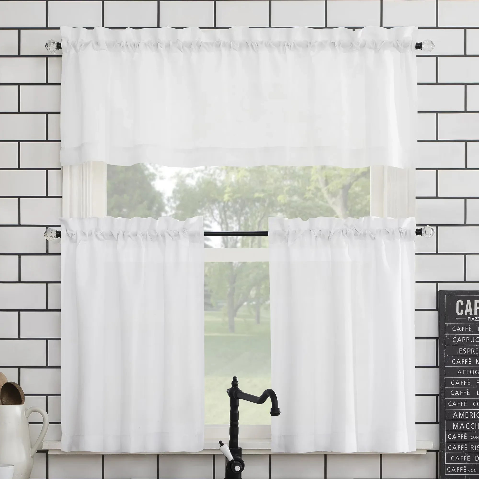 Wholesale Price with free shipping across the USA for Mainstays 3-Piece Semi Sheer Rod Pocket Kitchen Window Tier Pair and Valance, 2 Café Curtains and 1 Curtain Valance, White, 54