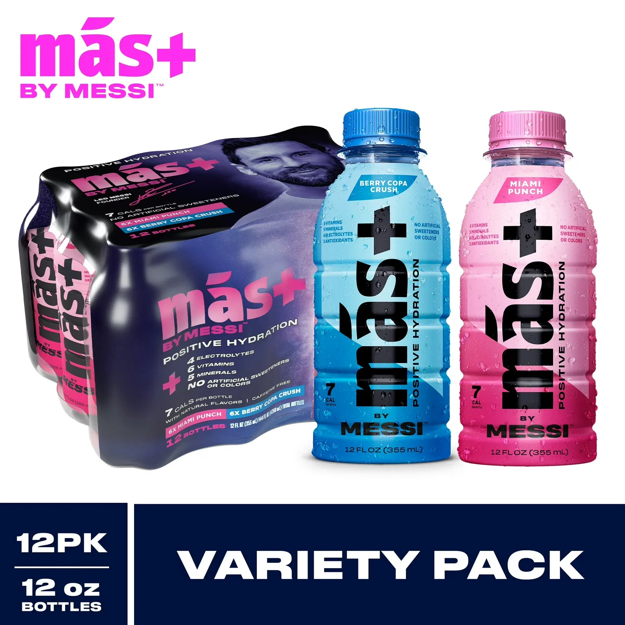 Wholesale Price with free shipping across the USA for Más+ by Messi Hydration Sports Drink Variety, 12 Pack, 12 fl oz Bottles - Manji Distributors