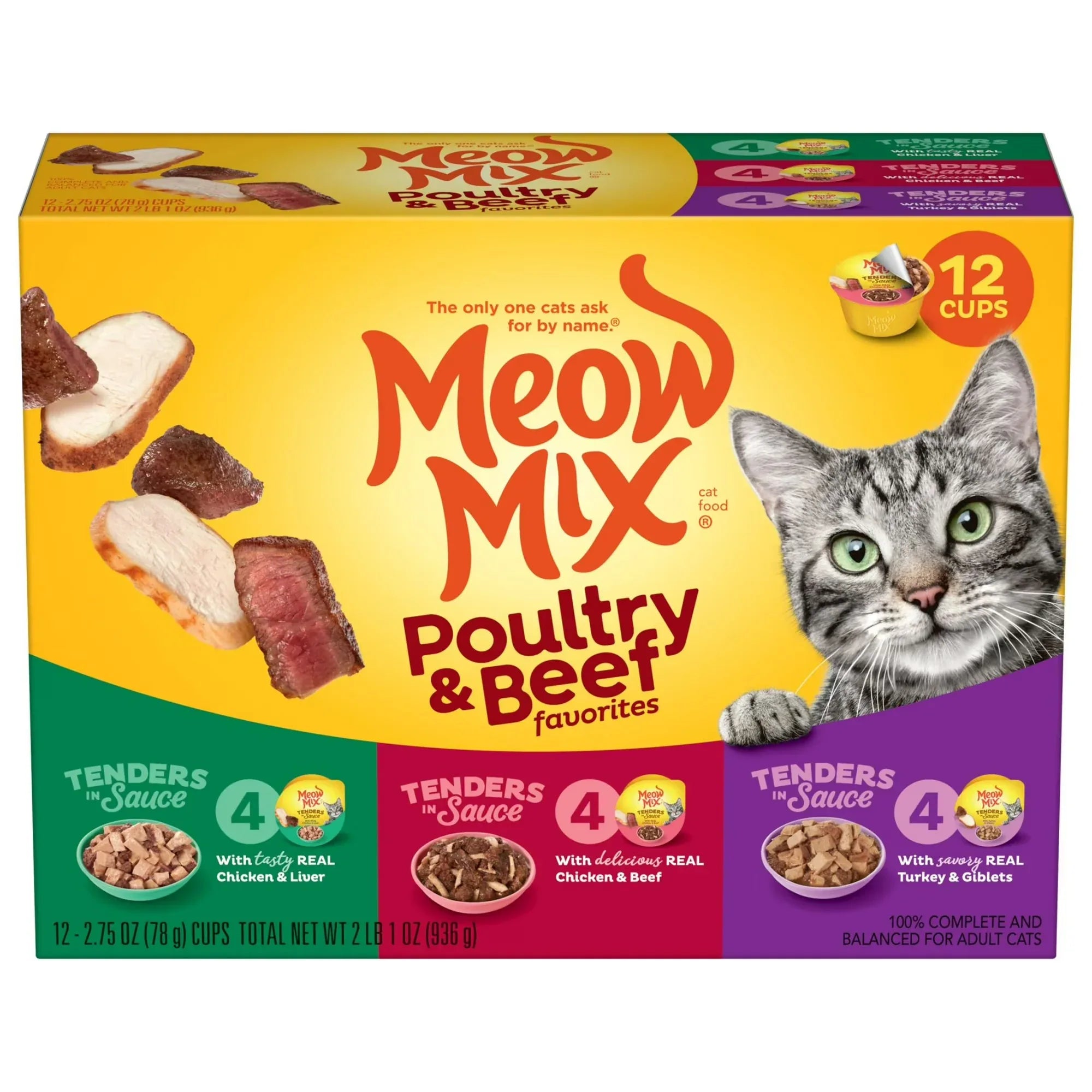 Wholesale Price with free shipping across the USA for Meow Mix Tender Favorites Poultry & Beef Variety Pack, Wet Cat Food, 2.75 oz Cup (12 Pack) - Manji Distributors