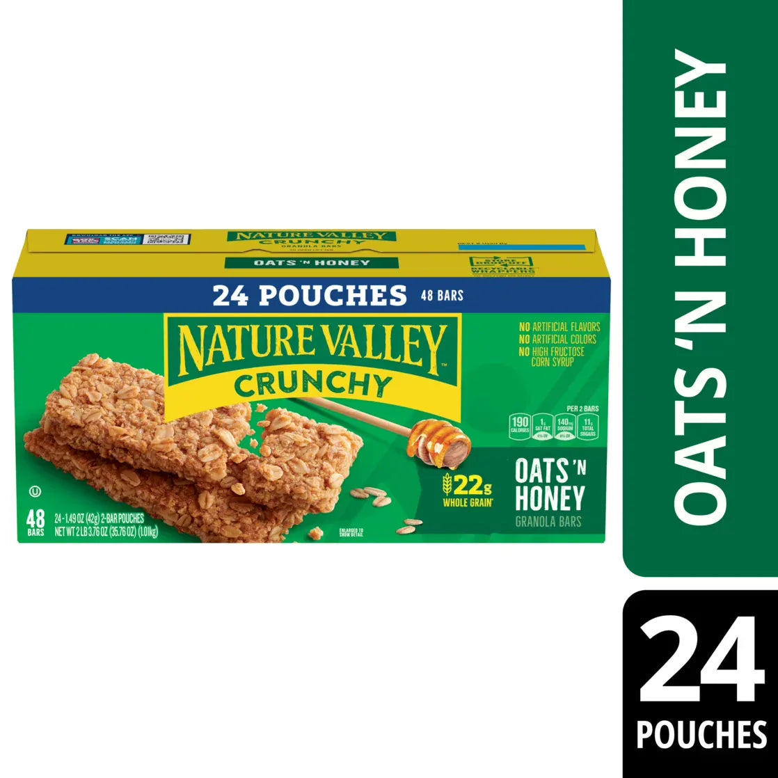 Wholesale Price with free shipping across the USA for Nature Valley Crunchy Granola Bars, Oats 'n Honey, 48 Count, 35.76 oz (24 Pouches) - Manji Distributors