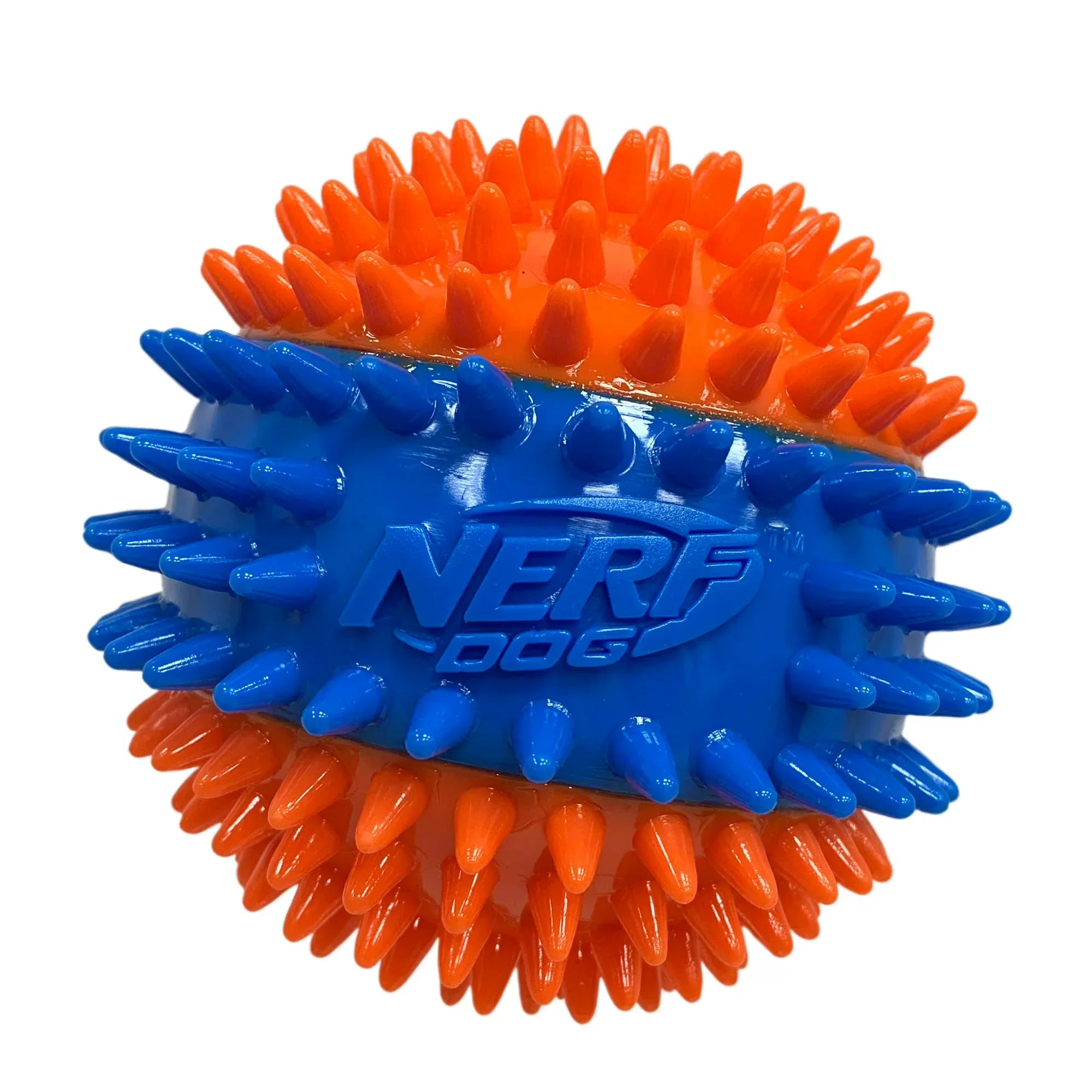 Wholesale Price with free shipping across the USA for Nerf Dog Squeaky Dental Spike Ball Dog Toy, Orange/Blue, 2.7 inch - Manji Distributors