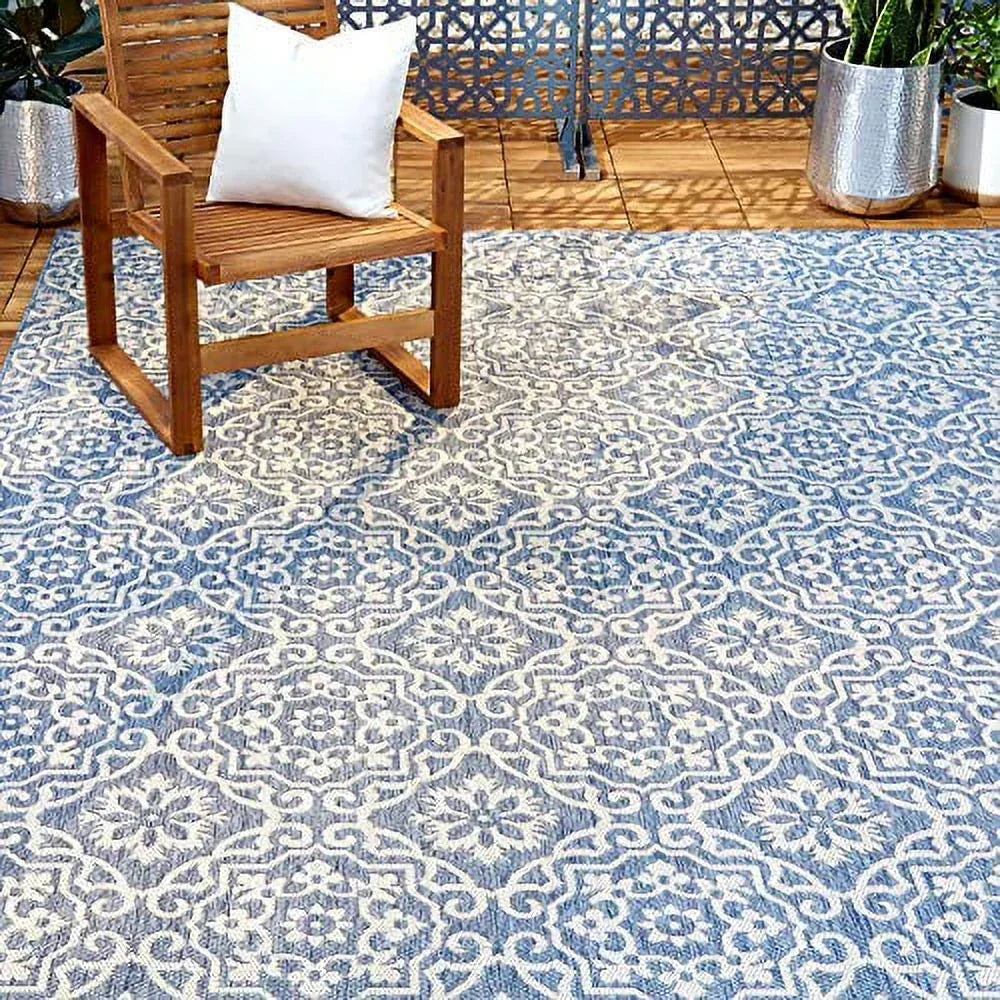 Wholesale Price with free shipping across the USA for Nicole Miller New York Patio Country Danica Transitional Geometric Indoor/Outdoor Area Rug, Blue/Grey, 9'2