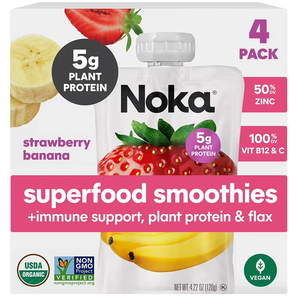 Wholesale Price with free shipping across the USA for Noka Organic Strawberry Banana Smoothie, 4.22 oz Fruit Pouches, 4 Count Smoothie Drinks - Manji Distributors