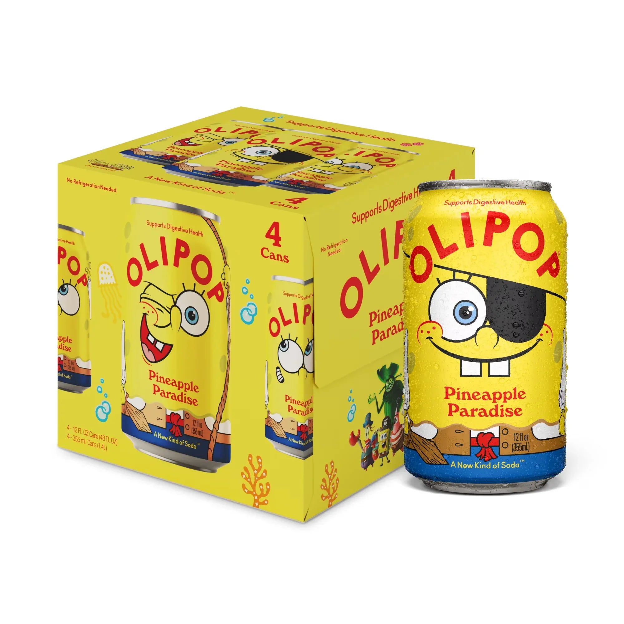 Wholesale Price with free shipping across the USA for OLIPOP Prebiotic Soda, SpongeBob Pineapple Paradise, 12 fl oz, 4 pack, Pantry Pack - Manji Distributors