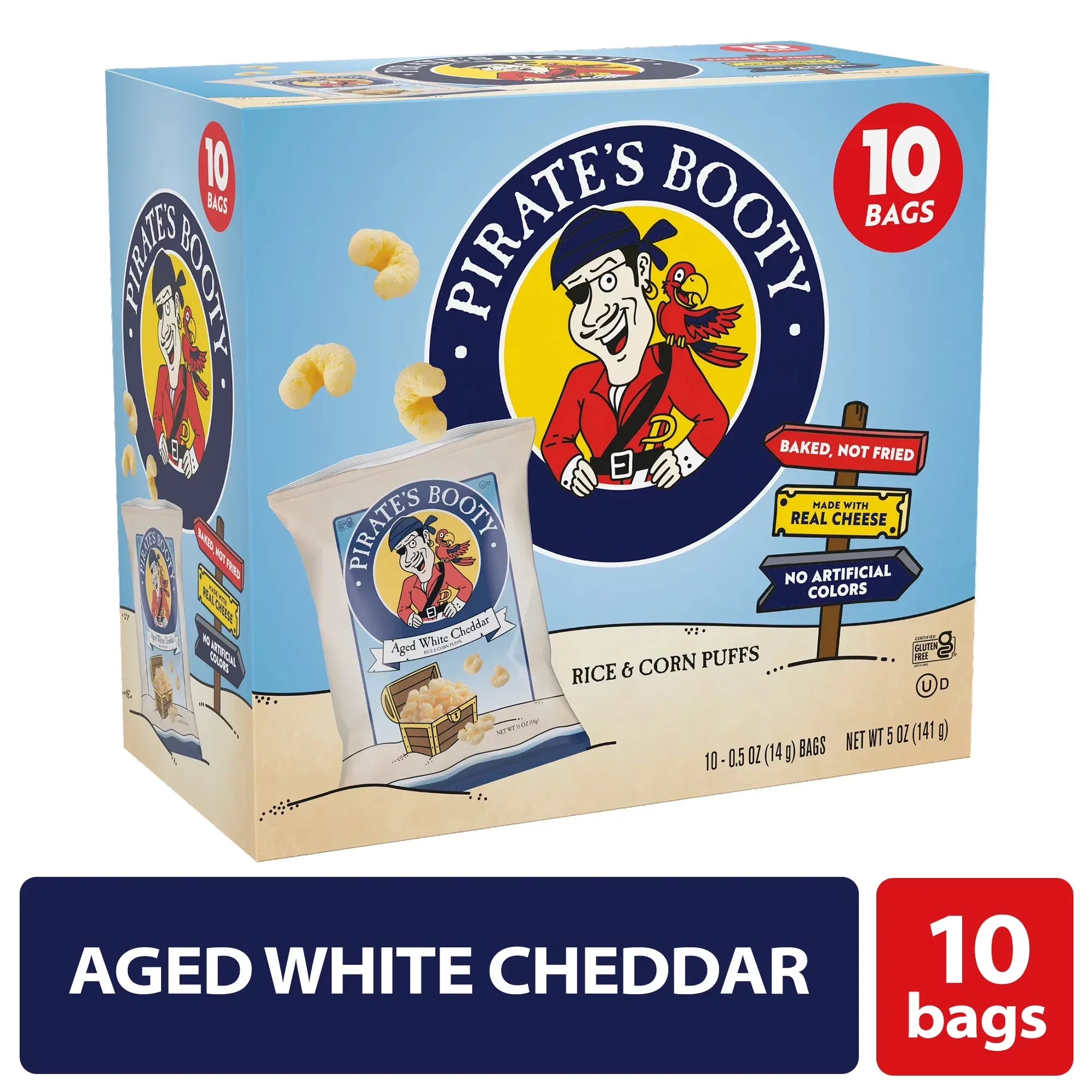 Wholesale Price with free shipping across the USA for Pirate's Booty Gluten-Free Aged White Cheddar Cheese Puffed Kid Snacks Multipack, 0.5 oz (10 count) - Manji Distributors